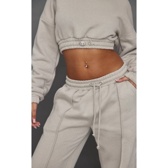 Petite Moss Grey Crop Elasticated Sweat Top