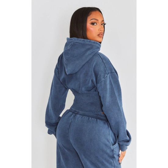 Shape Blue Sweat Cropped Shirred Waist Hoodie