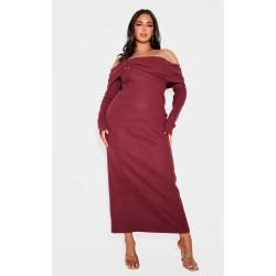 Plus Burgundy Heavy Brushed Rib Bardot Trim Maxi Dress