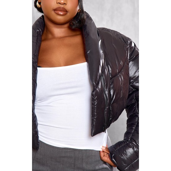 Plus Black Cropped Oversized Collar Detail Puffer Jacket