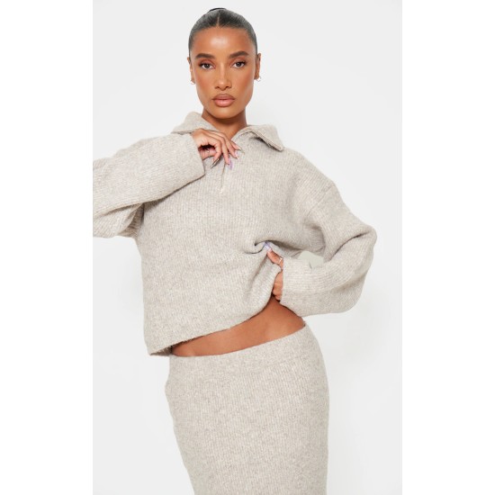 Taupe Knitted Zip Up Sweater And Maxi Skirt Set