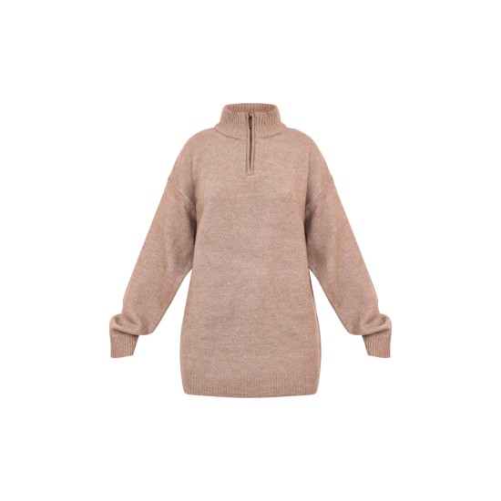 Taupe Knitted Slouchy Half Zip Sweater