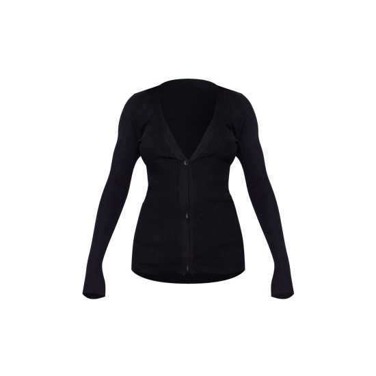 Black Knitted Ribbed Long Sleeve Cardigan