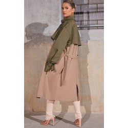 Khaki Contrast Oversized Belted Midi Trench Coat