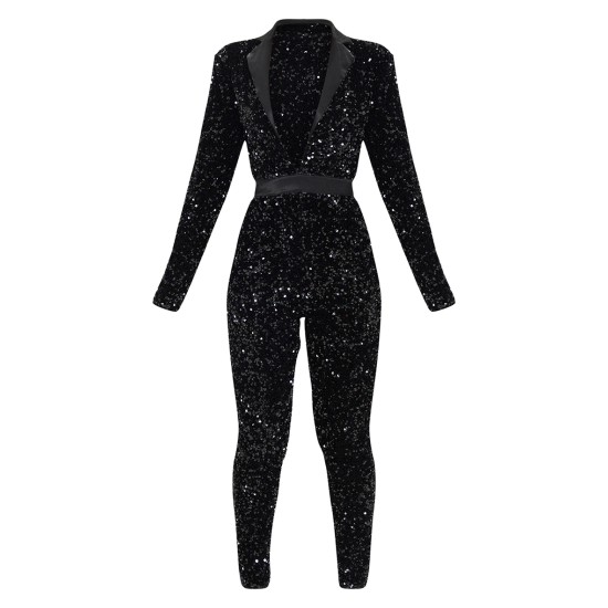 Black Velvet Sequin Plunge Front Tailored Jumpsuit