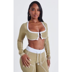 Shape Khaki Washed Cotton Hook And Eye Long Sleeve Crop Top