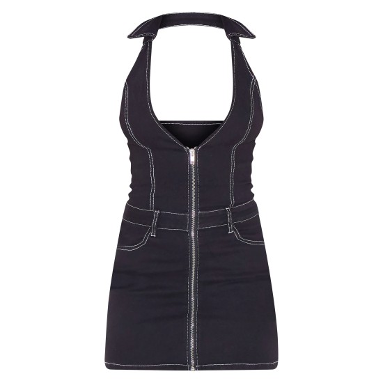 Black Contrast Stitch Halterneck Denim Mini Dress