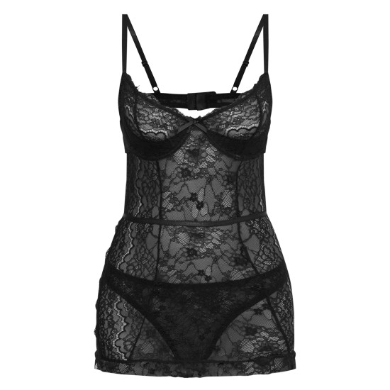 Black Lace Underwired Slip Dress Lingerie Set