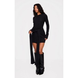 Black Heavy Brushed Rib Wrap Tie Bodycon Dress