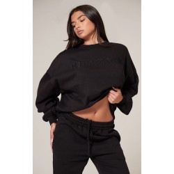 PRETTYLITTLETHING Black Boxy Embroidered Sweatshirt