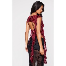 Red Devore Boatneck Ruffle Detail Backless Long Top