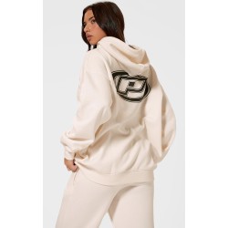 PRETTYLITTLETHING Cream Contrast Logo Badge Oversized Zip Through Hoodie