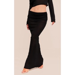 Black Sheer Burnout Mesh Fold Over Hem Low Rise Maxi Skirt